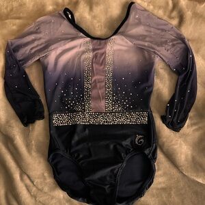 Lilac, navy blue, and purple sparkle bedazzled competition leotard